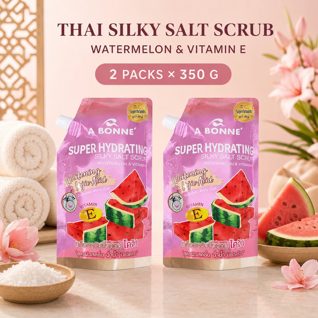 Two A BONNE Watermelon and Vitamin E Silky Salt Scrub pouches in a fresh spa setting