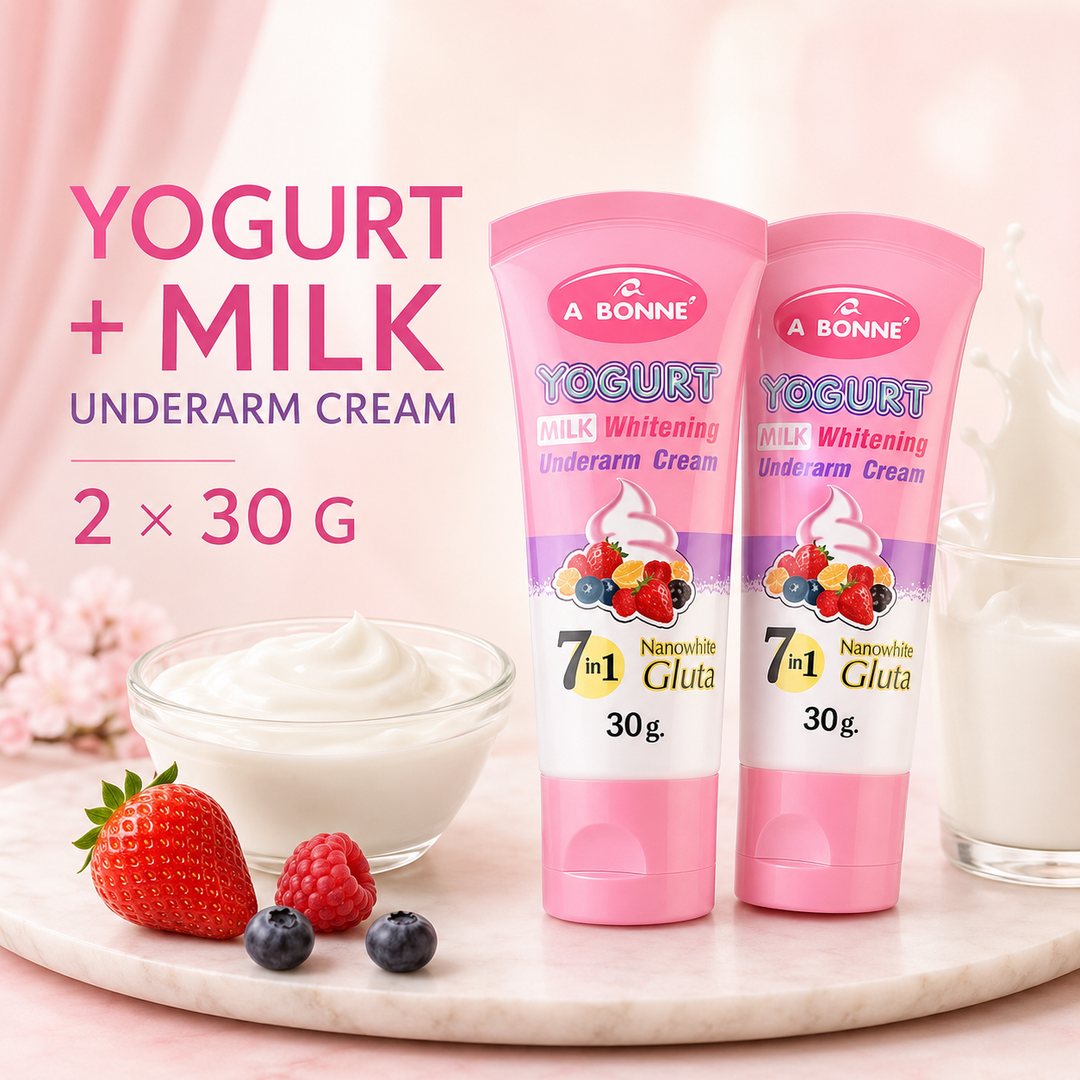 Two A BONNE Yogurt Milk Underarm Cream tubes in a clean daily body-care setting
