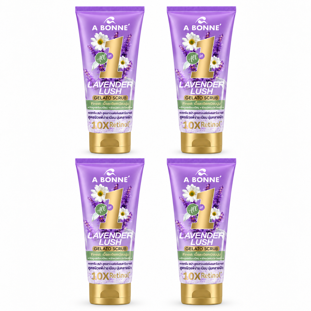 A BONNE Gelato Scrub Lavender Lush — 4 × 300 g — exactly four identical tubes, 300 g per unit, white background
