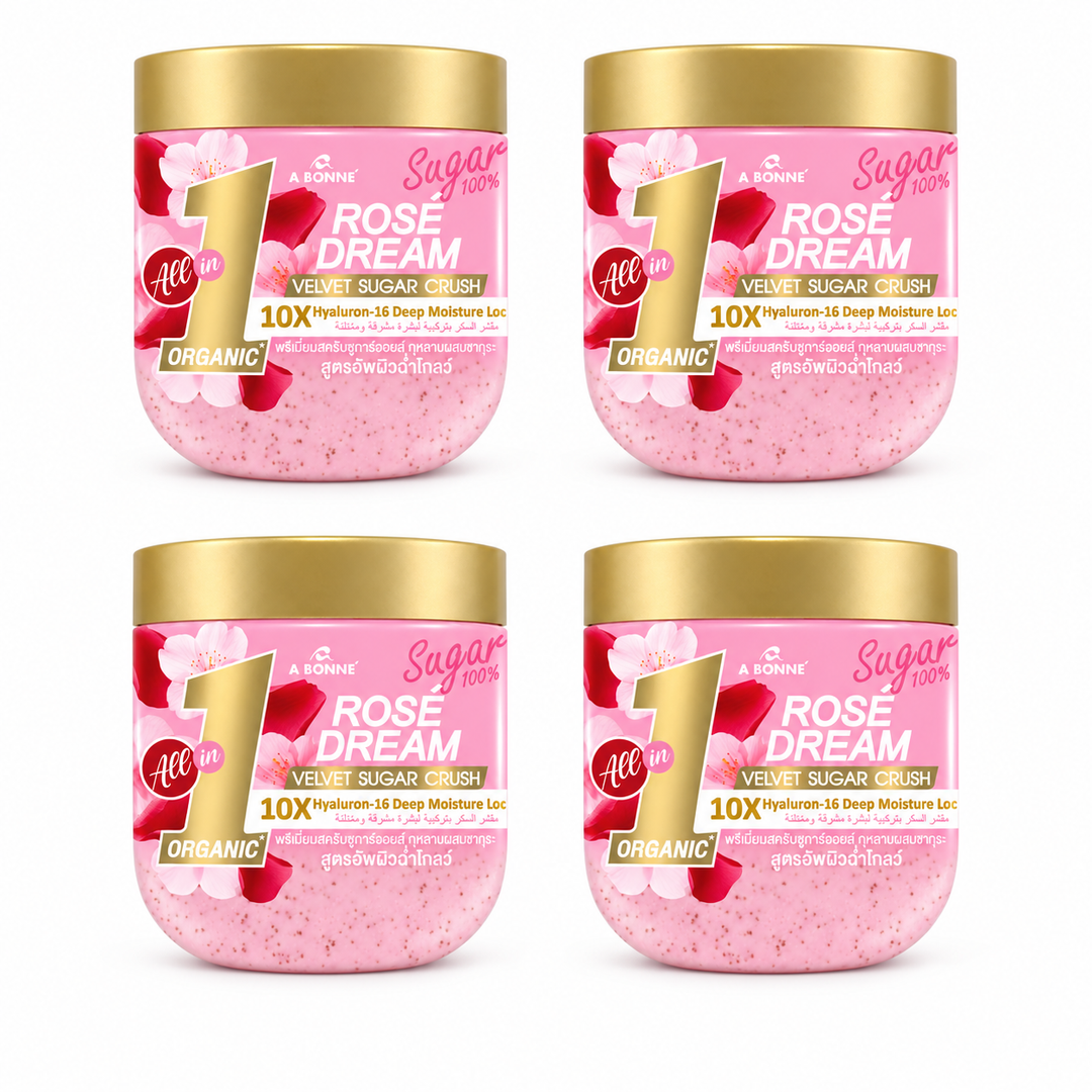 A BONNE Velvet Sugar Crush Rose Dream — 4 × 600 g — exactly four identical jars, 600 g per unit, white background