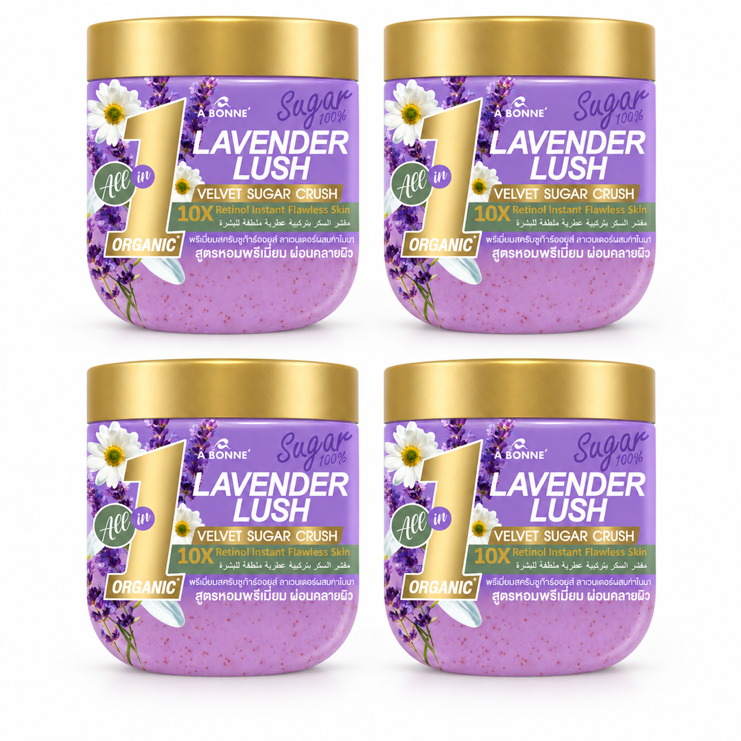 A BONNE Velvet Sugar Crush Lavender Lush — 4 × 600 g — exactly four identical jars, 600 g per unit, white background