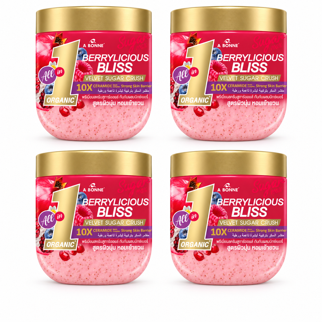 A BONNE Velvet Sugar Crush Berrylicious Bliss — 4 × 600 g — exactly four identical jars, 600 g per unit, white background