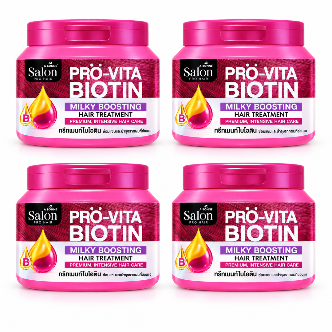 A BONNE Salon Pro-Vita Biotin Milky Boosting Hair Treatment — 4 × 450 ml — exactly four identical jars, 450 ml per unit, white background
