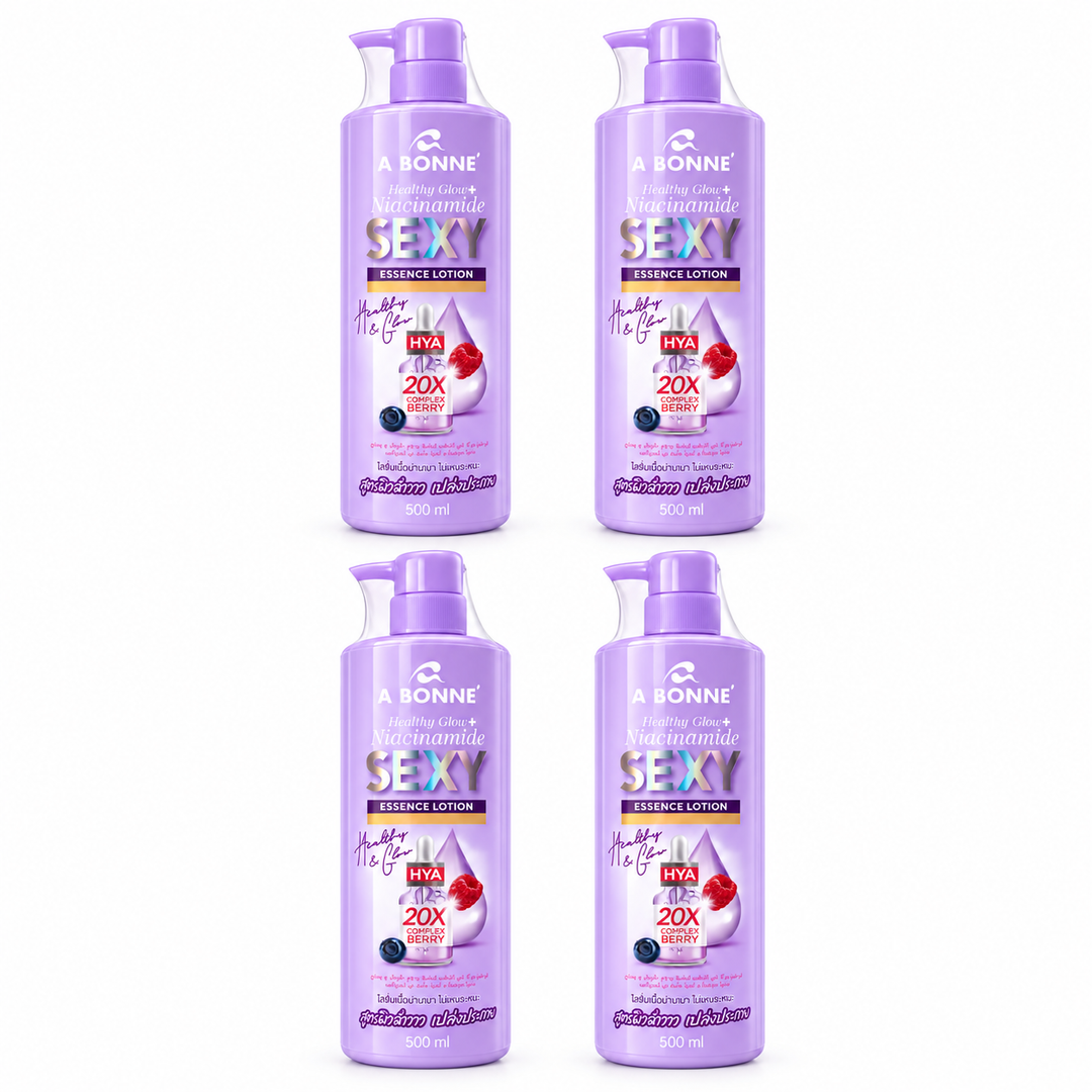 A BONNE SEXY Essence Lotion Healthy Glow + Niacinamide — 4 × 500 ml — exactly four identical bottles, 500 ml per unit, white background