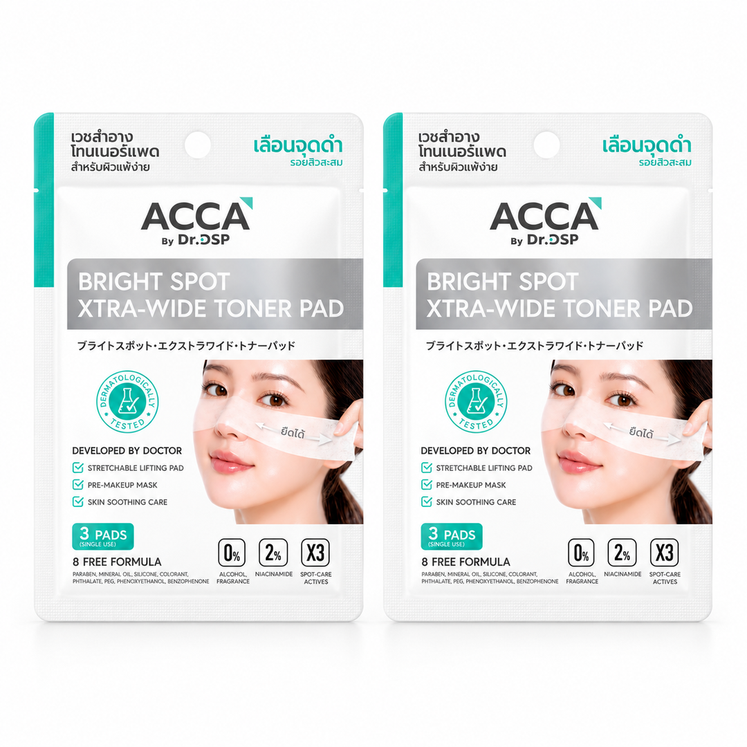 ACCA Bright Spot Xtra-Wide Toner Pad — 2 sealed sachets, 3 pads per sachet, on white background