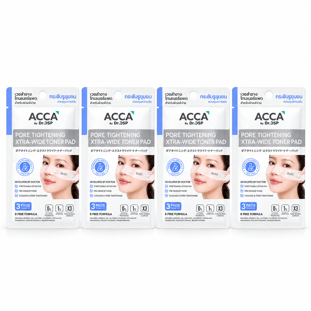 ACCA Pore Tightening Xtra-Wide Toner Pad — 4 sealed sachets, 3 pads per sachet, on white background