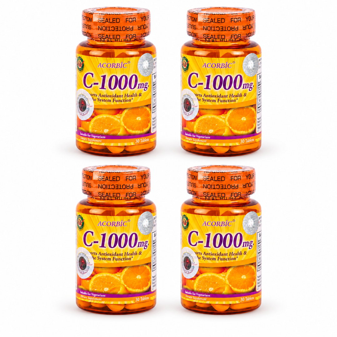 ACORBIC C-1000 mg Vitamin C — 30 Tablets per Bottle — pack of 4, exactly 4 identical units shown on white background.