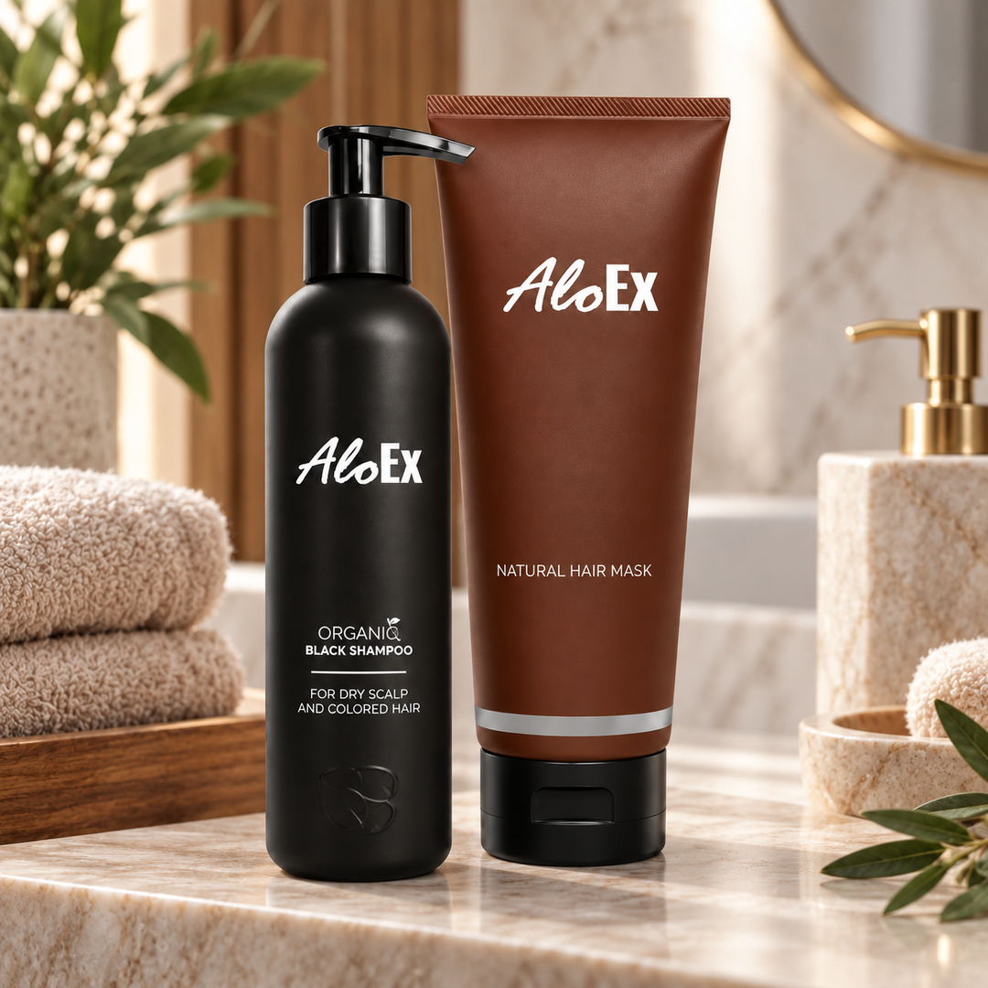 AloEx Black Shampoo and Natural Hair Mask set lifestyle