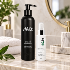 AloEx Black Shampoo and Hair Serum set lifestyle