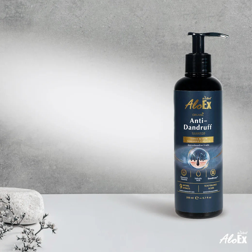One AloEx Organic Anti-Dandruff Shampoo 200 ml pump bottle shown in detail; manufacturer photograph