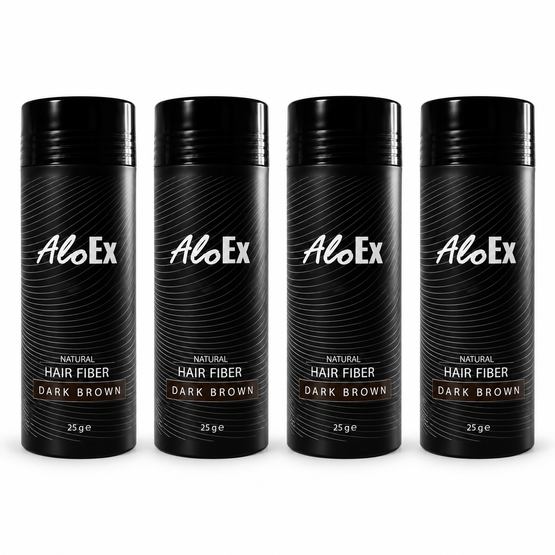 AloEx Natural Hair Fiber Dark Brown 25 g, pack of 4; exactly 4 retail units shown on white