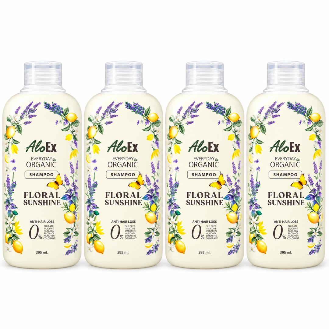 AloEx Floral Sunshine Shampoo 395 ml, pack of 4; exactly 4 retail units shown on white