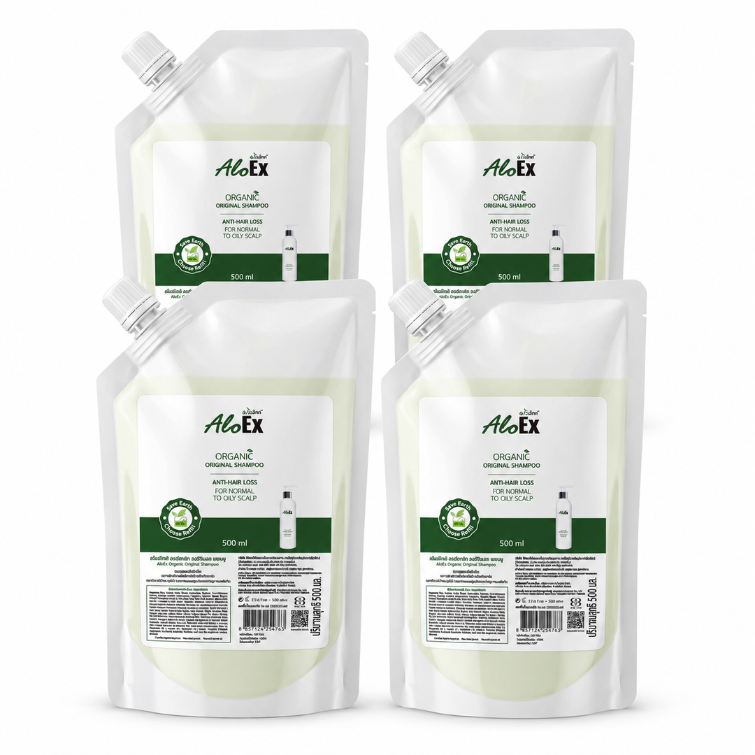 AloEx Organic Original Shampoo Refill — pack of 4 identical 500 ml pouches, white background