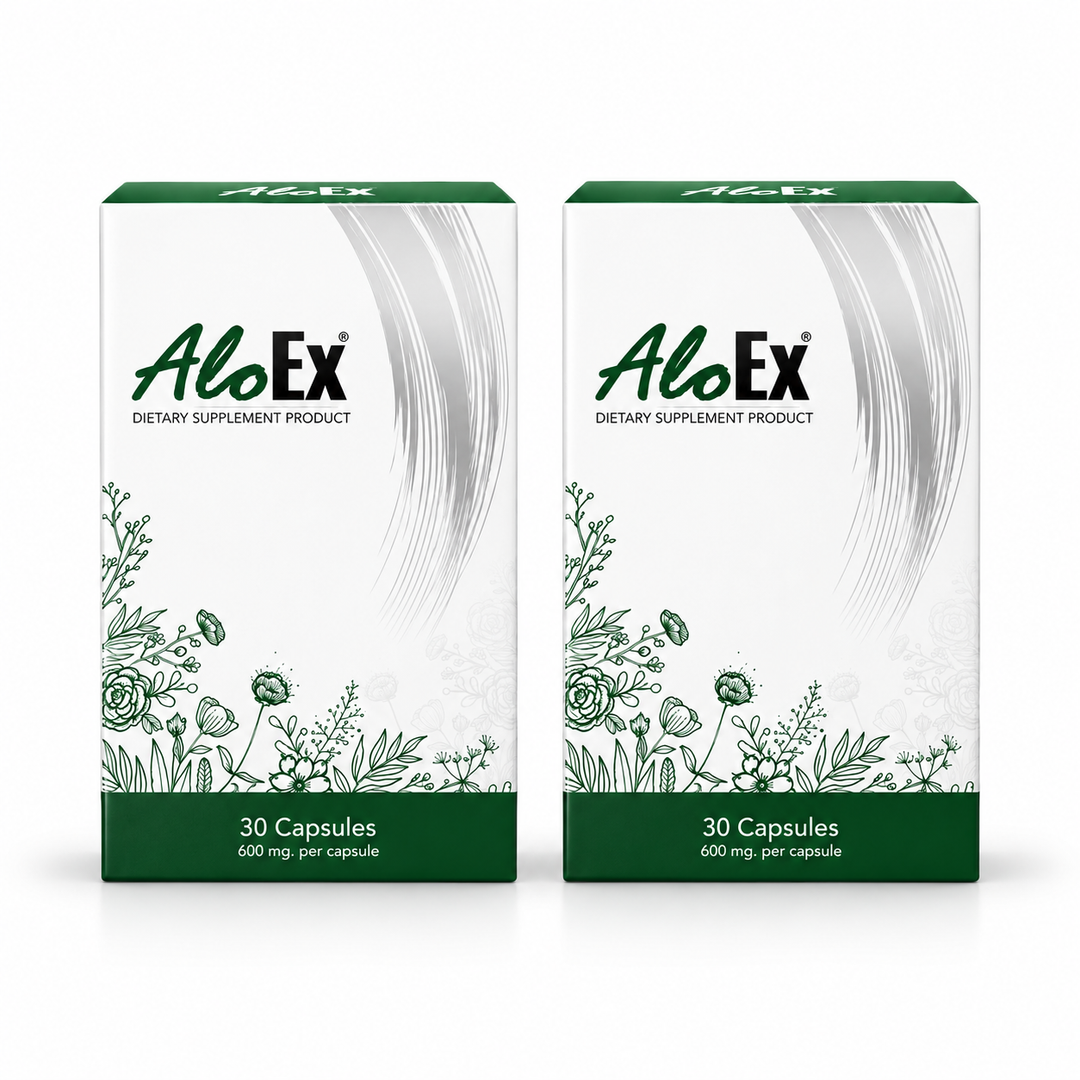 AloEx Dietary Supplement, 30 capsules per box, pack of 2; exactly 2 retail units shown on white