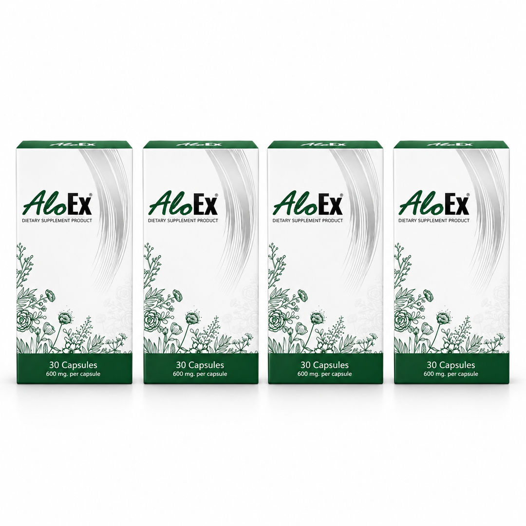 AloEx Dietary Supplement, 30 capsules per box, pack of 4; exactly 4 retail units shown on white