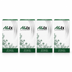 AloEx Dietary Supplement, 30 capsules per box, pack of 4; exactly 4 retail units shown on white