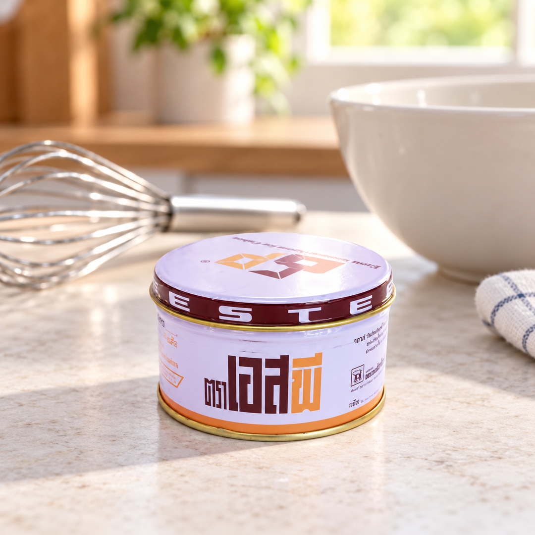 American Baker SP cake emulsifier, one 100 g tin beside baking utensils
