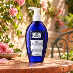 Roberts rose cleansing gel in a garden setting