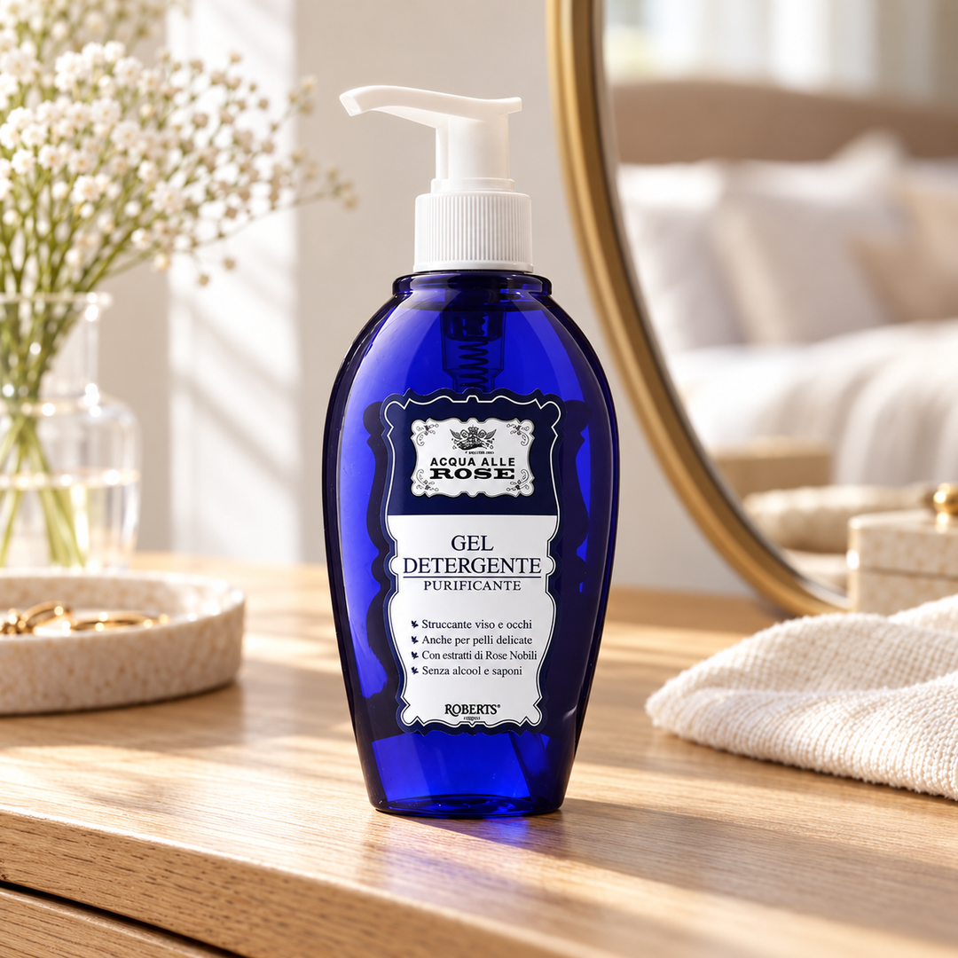 Roberts rose facial cleanser on a bathroom vanity