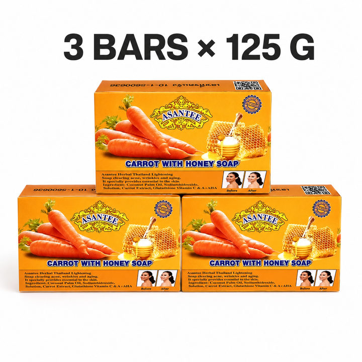 Three boxes of ASANTEE Carrot With Honey Soap No. 017, 125 g each