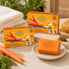 ASANTEE Carrot With Honey Soap three-bar bundle displayed with carrots and honey
