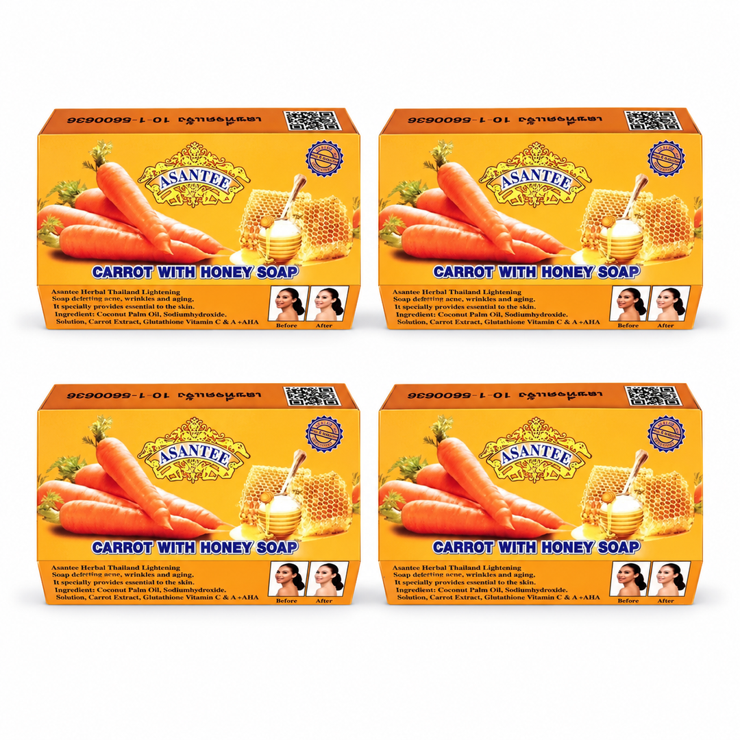 ASANTEE Carrot With Honey Soap No. 017 — Pack of 4 × 125 g — exactly 4 closed retail cartons; one125gsoapbar per carton.