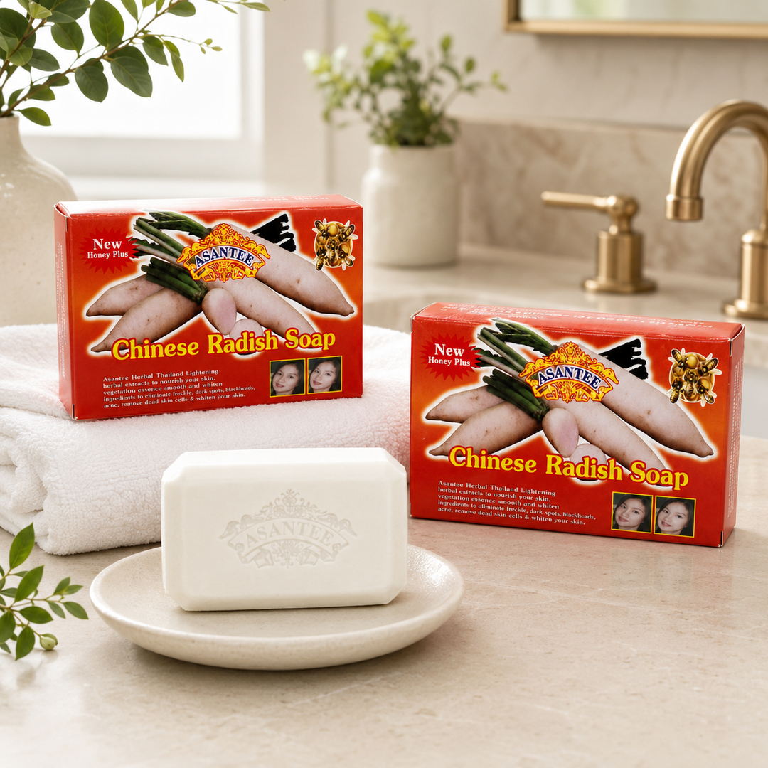 Two boxes and one white ASANTEE Chinese Radish Soap bar in a bright bathroom