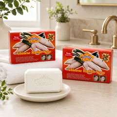 Two boxes and one white ASANTEE Chinese Radish Soap bar in a bright bathroom