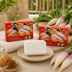 ASANTEE Chinese Radish and Honey Soap bundle displayed with white radishes and honey