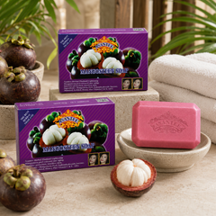 ASANTEE Mangosteen Soap three-bar bundle displayed with fresh mangosteen fruit