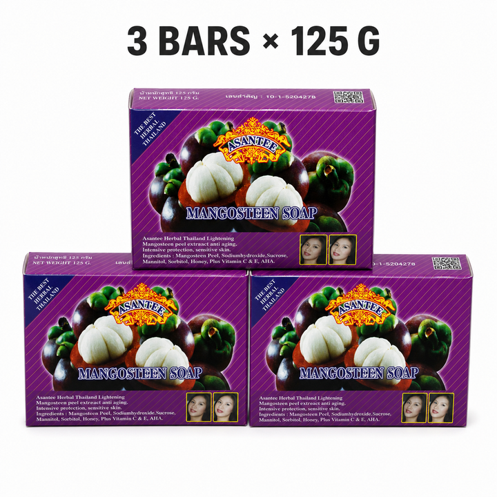 Three boxed bars of ASANTEE Mangosteen Soap, 125 g each