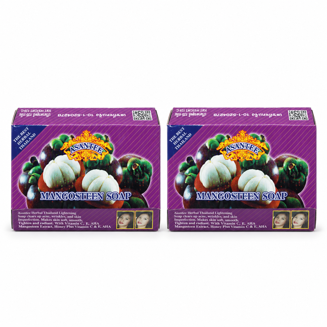 ASANTEE Mangosteen Soap No. 102 — Pack of 2 × 125 g — exactly 2 closed retail cartons; one125gsoapbar per carton.
