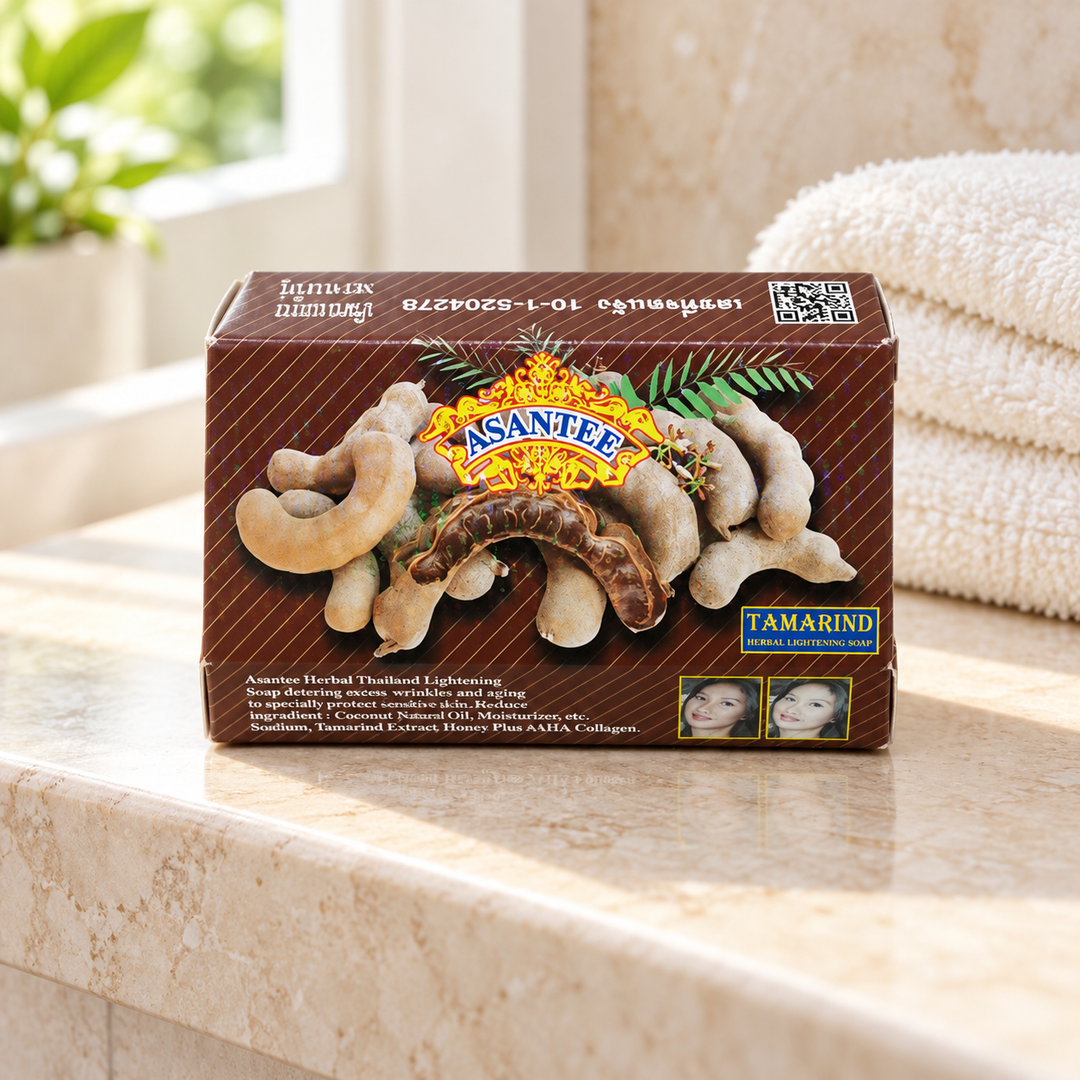 ASANTEE No.010 Tamarind and Honey Herbal Soap — one individual125 g carton on a bathroom shelf