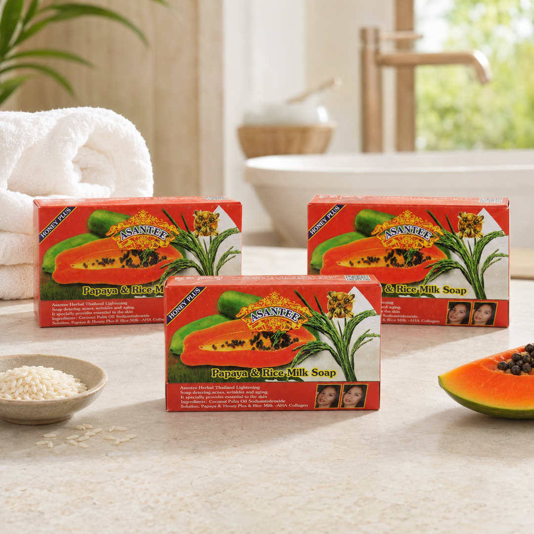 Three ASANTEE Papaya & Rice Milk Soap No.331 boxes in a bright bathroom setting