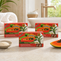 Three ASANTEE Papaya & Rice Milk Soap No.331 boxes in a bright bathroom setting