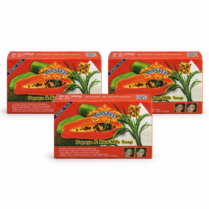 Three boxes of ASANTEE Papaya & Rice Milk Soap No.331, 125 g each