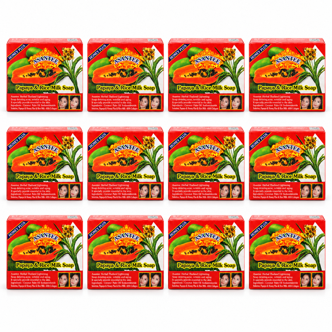 ASANTEE Papaya & Rice Milk Soap No.331 — Pack of 12 × 125 g — 12 individually boxed 125 g soaps, white background