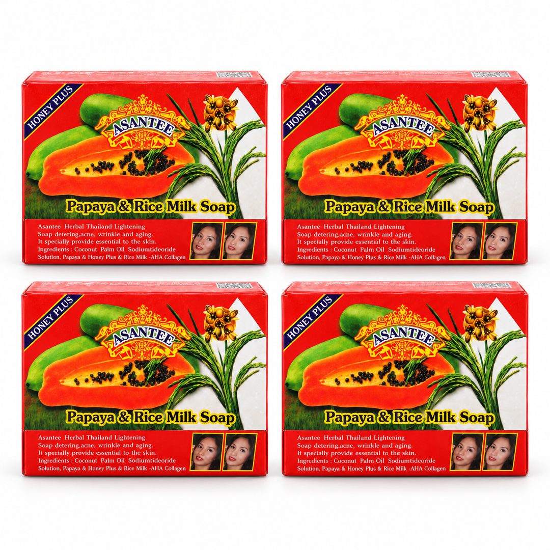 ASANTEE Papaya & Rice Milk Soap No.331 — Pack of 4 × 125 g — 4 individually boxed 125 g soaps, white background