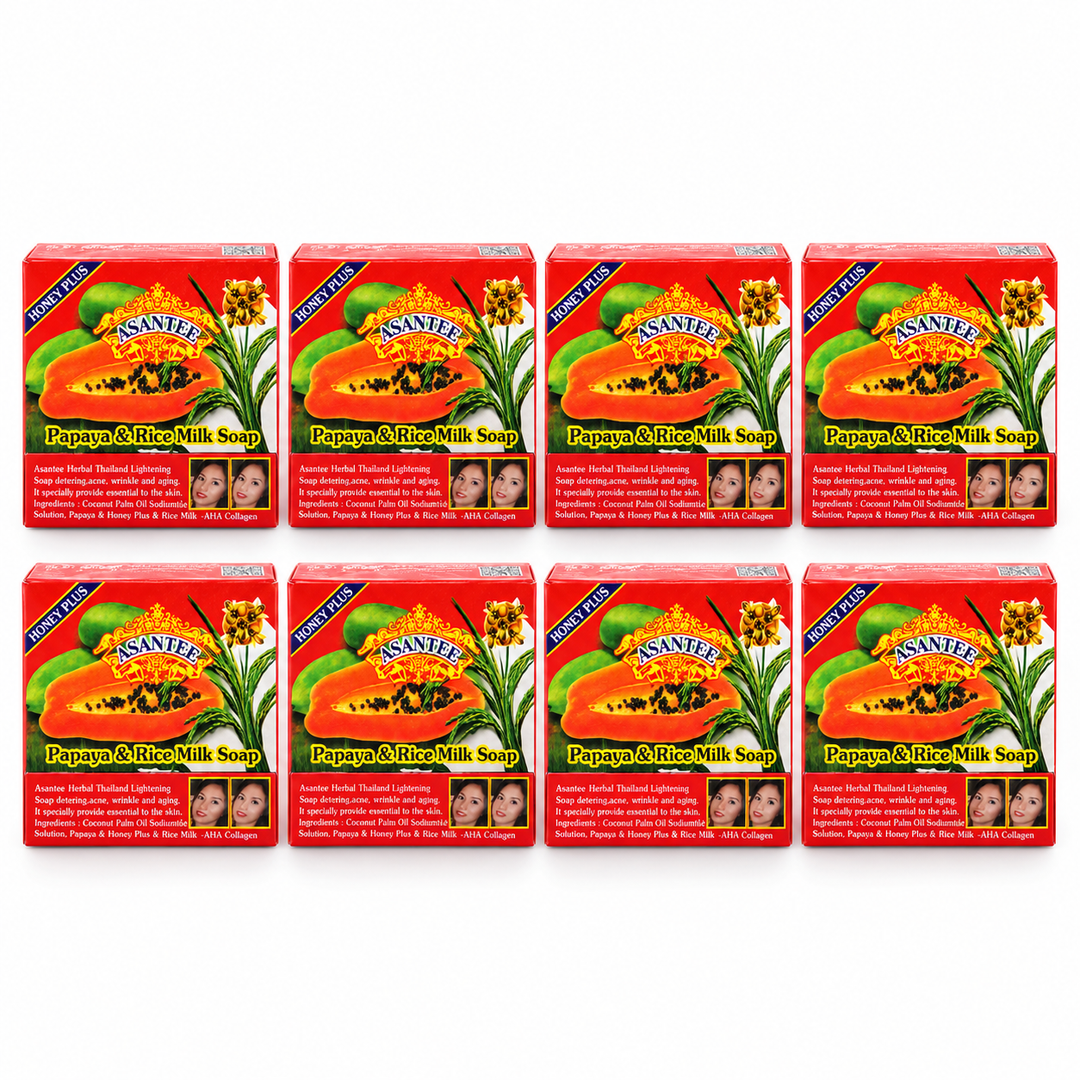 ASANTEE Papaya & Rice Milk Soap No.331 — Pack of 8 × 125 g — 8 individually boxed 125 g soaps, white background