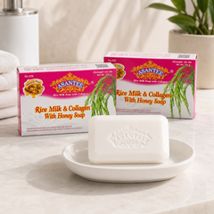 ASANTEE Rice Milk and Collagen Soap displayed in a bright bathroom