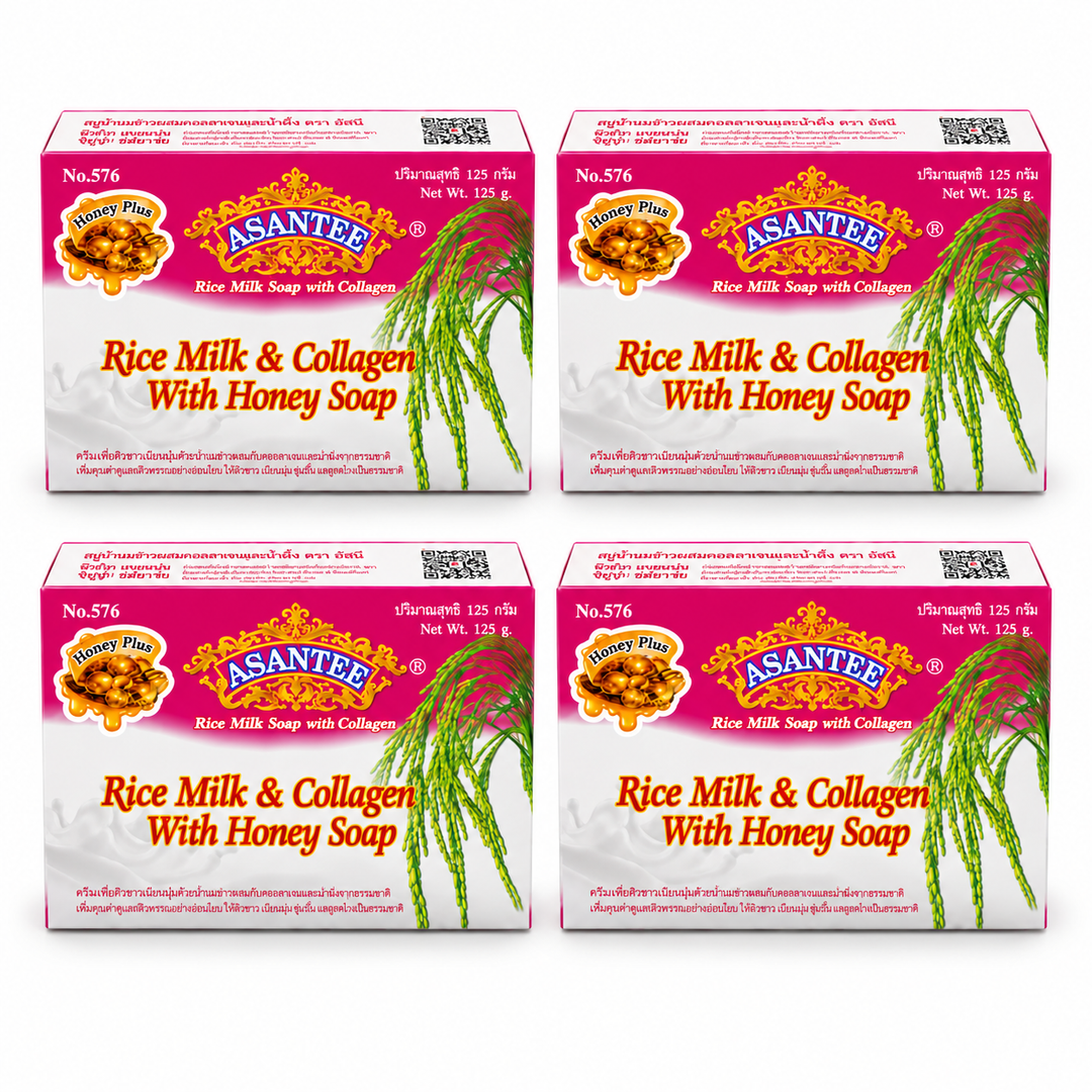 ASANTEE Rice Milk & Collagen with Honey Soap No.576 — Pack of 4 × 125 g — 4 individually boxed 125 g soaps, white background