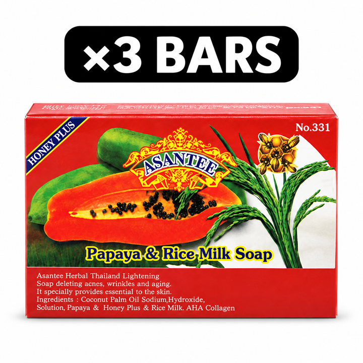 One box of ASANTEE Papaya & Rice Milk Soap No.331, with a 3-bar quantity badge