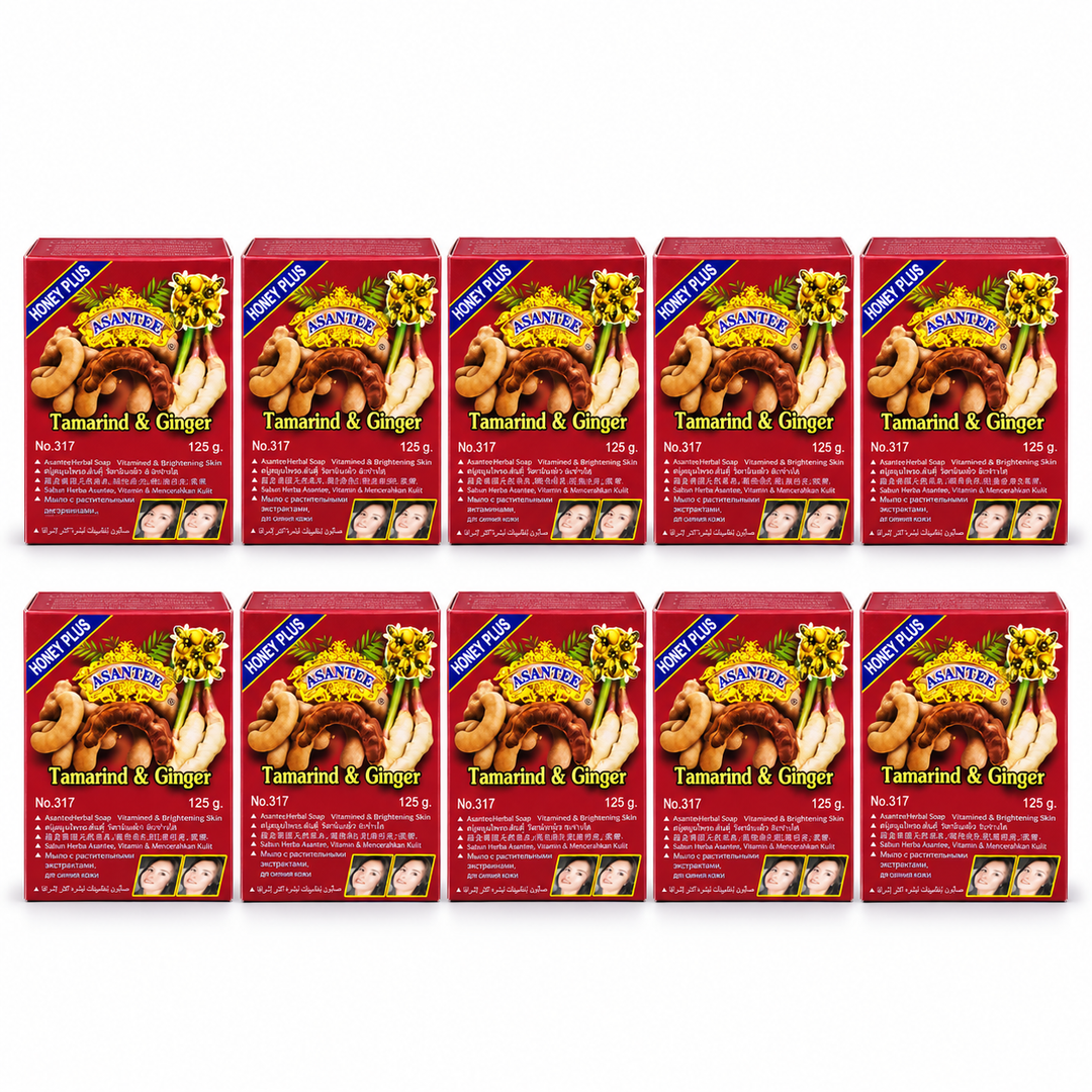 ASANTEE Tamarind, Ginger & Honey Soap No.317 — Pack of 10 × 125 g — 10 individually boxed 125 g soaps, white background