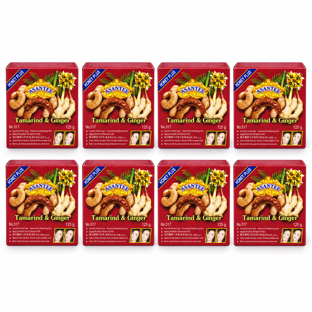 ASANTEE Tamarind, Ginger & Honey Soap No.317 — Pack of 8 × 125 g — 8 individually boxed 125 g soaps, white background