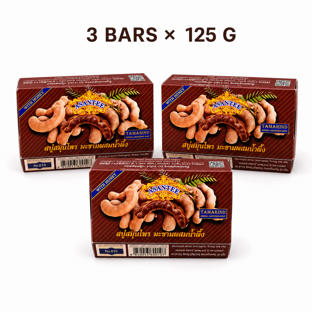 Three boxes of ASANTEE Tamarind and Honey Herbal Soap, 125 g each