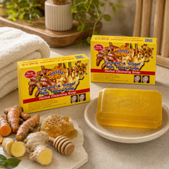 ASANTEE Turmeric Ginger With Honey Soap three-bar bundle displayed with turmeric, ginger and honey