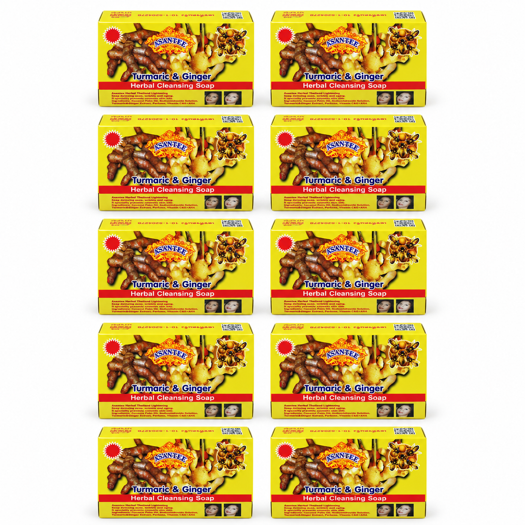 ASANTEE Turmeric & Ginger With Honey Soap No. 065 — Pack of 10 × 125 g — exactly 10 closed retail cartons; one 125 g soap bar per carton.