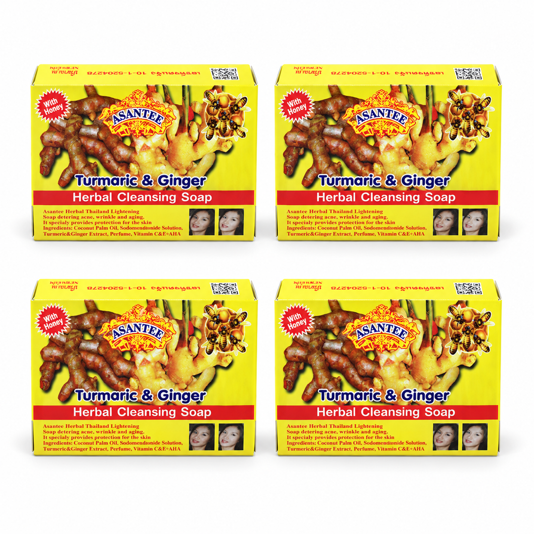 ASANTEE Turmeric & Ginger With Honey Soap No. 065 — Pack of 4 × 125 g — exactly 4 closed retail cartons; one125gsoapbar per carton.
