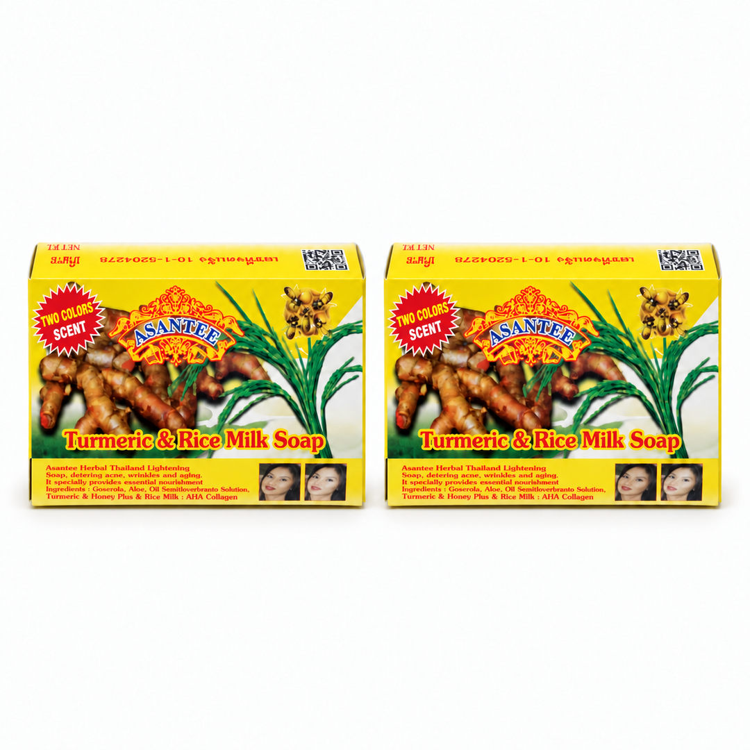 ASANTEE Turmeric & Rice Milk Soap No. 521, pack of 2 × 125 g: exactly 2 closed retail cartons; one 125 g soap bar per carton.