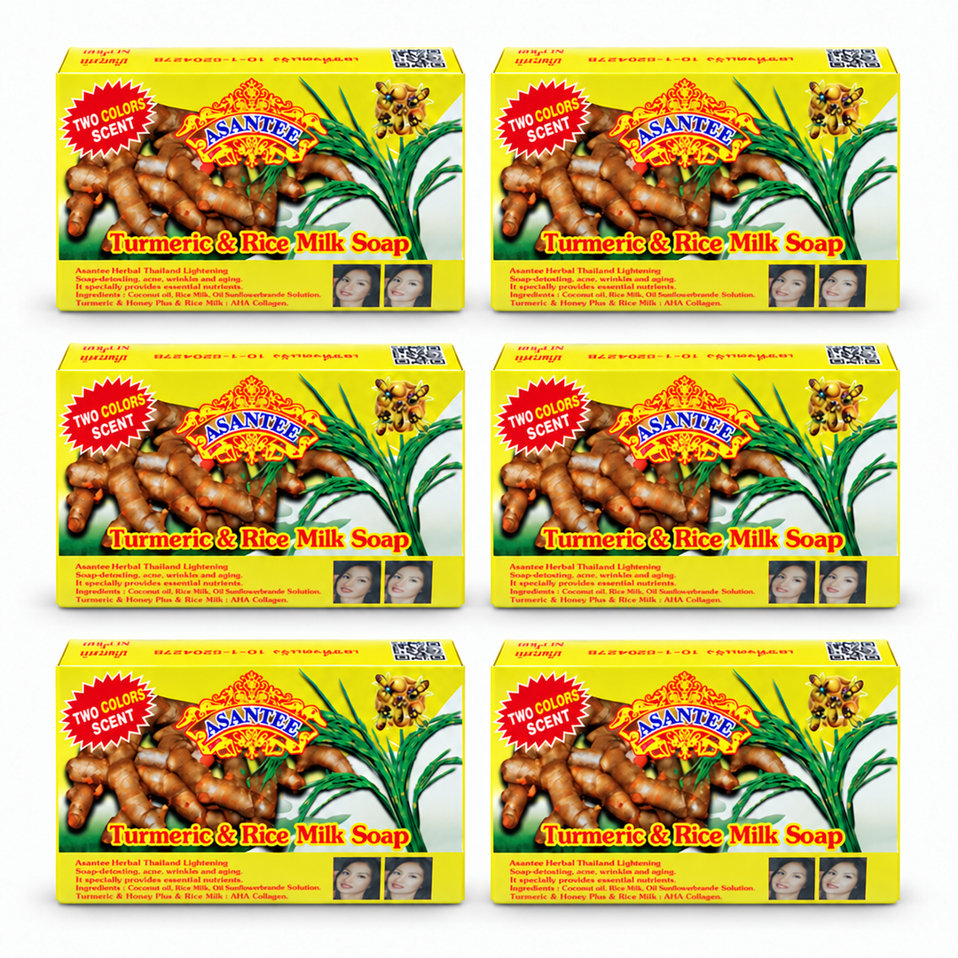 ASANTEE Turmeric & Rice Milk Soap No. 521, pack of 6 × 125 g: exactly 6 closed retail cartons; one 125 g soap bar per carton.